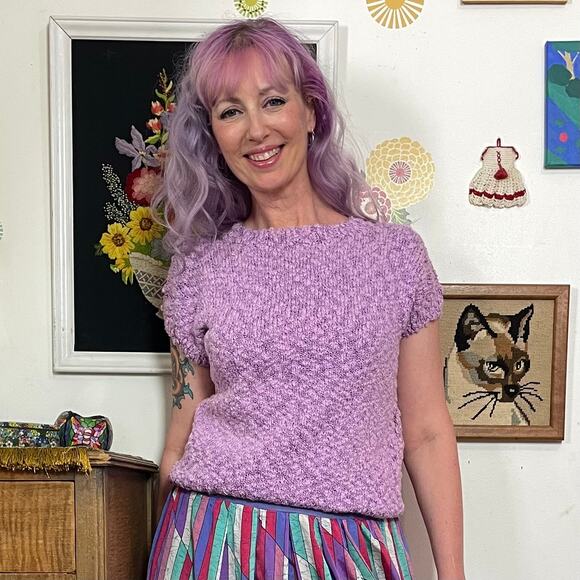 Vintage Lavender Chenille Sweater, 1980s Short Sleeve Pastel Knit Top Sz M-L - Picture 10 of 10